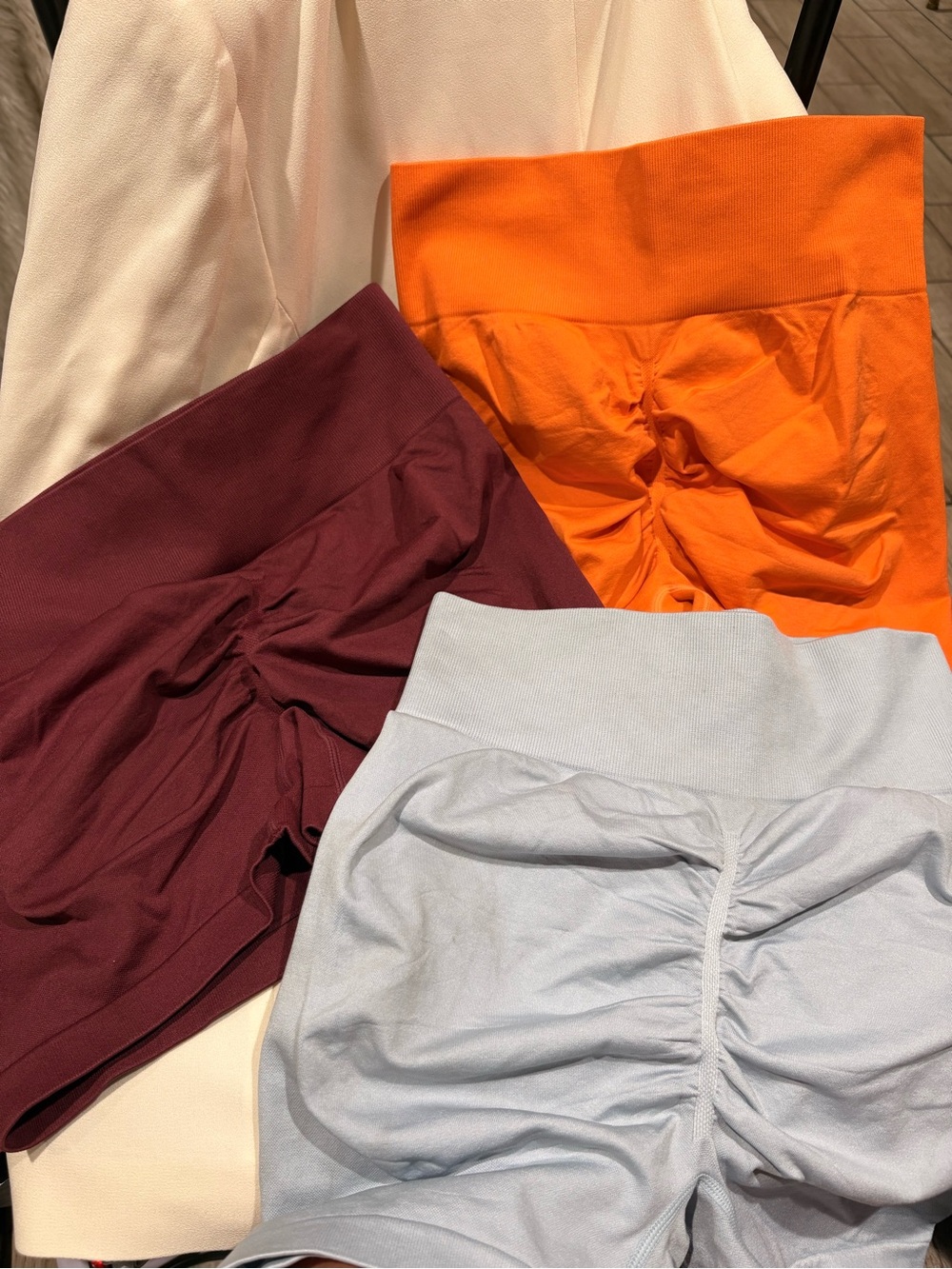 High-Waist Scrunch Shorts - Orange, Maroon, Light Blue Large lot of 3